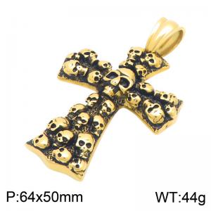 Gold Plated Stainless Steel Skull Cross Pendant for Men, Vintage Gothic Multi Skulls Cross Necklace Charm, Waterproof Non Tarnish Punk Biker Jewelry Gift - KP119873-KJX