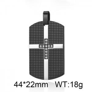 Men Black-Plated Stainless Steel Dotted Tag Pendant with Rhinestones Christian Cross Pattern - KP119997-WGAS