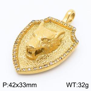 Hip Hop Style Vacuum Electroplated Gold Diamond Wolf Head Shield Stainless Steel Men's Pendant - KP120273-KJX