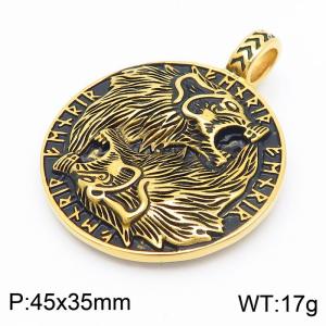 Fashionable and personalized stainless steel creative Viking Sohu totem double wolf head men's domineering retro gold pendant - KP130380-MZOZ