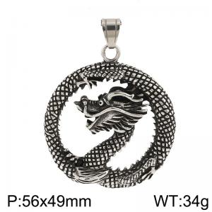 Men Oxidized Black Stainless Steel Chinese Dragon Round Pendant - KP130504-TGX