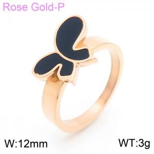 Women Rose Gold Plated Stainless Steel Ring with Black Enamel Comic Butterfly Pattern Charm - KR104030-GC