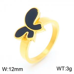 Women Gold Plated Stainless Steel Ring with Black Enamel Comic Butterfly Pattern Charm - KR104031-GC