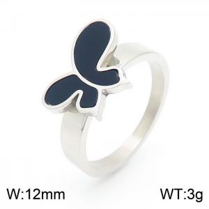 Women Gold Plated Stainless Steel Ring with Black Enamel Comic Butterfly Pattern Charm - KR104032-GC
