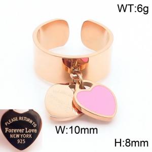 SStainless steel simple and fashionable C-shaped open rose gold ring with a rose gold and pink heart shaped pendant hanging in the middle - KR108339-KLX
