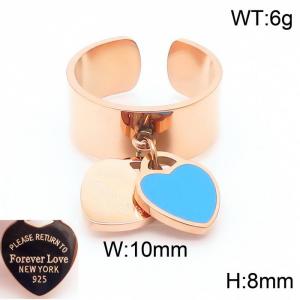 Stainless steel simple and fashionable C-shaped open rose gold ring with a rose gold and blue heart shaped pendant hanging in the middle - KR108344-KLX