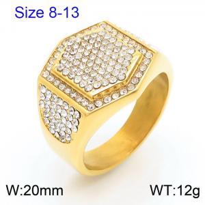 Hip hop style diamond set hexagonal vacuum plated gold stainless steel men's ring - KR108364-MZOZ