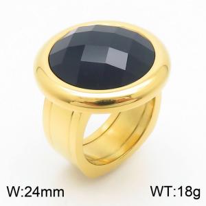 Black Glass Stone Ring Stainless Steel Silver Women's Jewelry - KR1088395-K