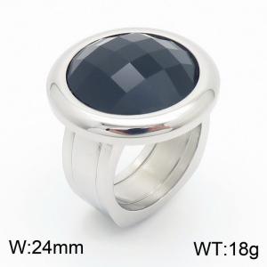 Black Glass Stone Ring Stainless Steel Silver Women's Jewelry - KR1088396-K