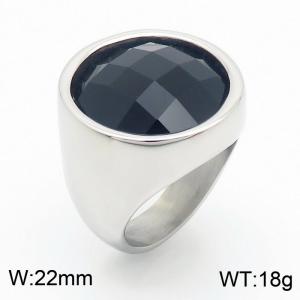 Black Glass Stone Ring Stainless Steel Silver Women's Jewelry - KR1088398-K