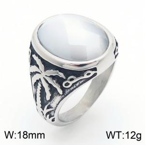 European and American personality retro maple leaf coconut tree oval gemstone men and women's palace style titanium steel ring - KR109930-TLX