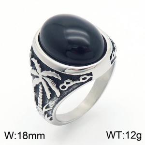European and American personality retro maple leaf coconut tree oval gemstone men and women's palace style titanium steel ring - KR109932-TLX