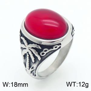 European and American personality retro maple leaf coconut tree oval gemstone men and women's palace style titanium steel ring - KR109933-TLX