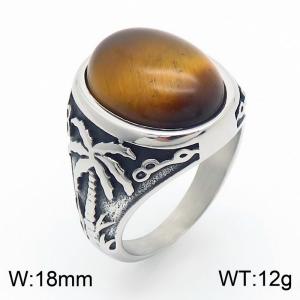 European and American personality retro maple leaf coconut tree oval gemstone men and women's palace style titanium steel ring - KR109934-TLX