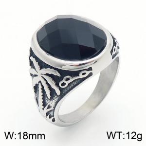 European and American personality retro maple leaf coconut tree oval gemstone men and women's palace style titanium steel ring - KR109935-TLX