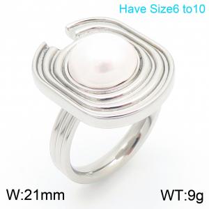 European and American fashion stainless steel geometric inlay pearl temperament silver ring - KR110925-K