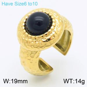 Unisex Pitted Gold-Plated Stainless Steel&Black Stone Jewelry Ring - KR111428-GC