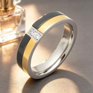 Fashion Men Women Stainless Steel Band Ring Gold Silver Black Enamel Two‑Color Ring With 2 Zircon Stones Daily Party Jewelry Gift - KR116340-GC