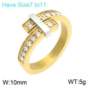 Two Tone Gold Silver Plated Stainless Steel Band Ring, Inlaid Clear Crystal Stone Geometric Stackable Statement Ring, Waterproof Non Tarnish Fashion Wedding Band Gift, Size 7-11 - KR116448-GC