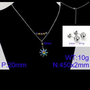 Women Stainless Steel Jewelry Set with 450mm Yellow Stamen Rainbow Color Petals Flower Pendant Necklace &Earrings - KS105647-Z