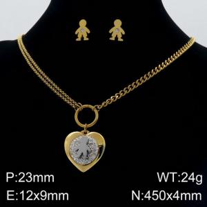 Fashion and creative stainless steel diamond studded peach heart little boy earrings necklace two-piece set - KS132505-Z