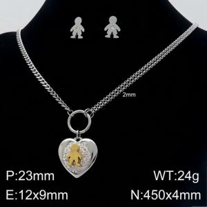 Fashion and creative stainless steel diamond studded peach heart little boy earrings necklace two-piece set - KS132506-Z