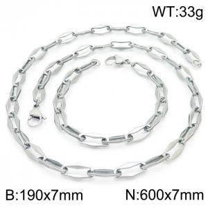 7mm=19cm，60cm=Handmade fashion titanium steel hollowed out 7mm rhombus chain design simple neutral silvery jewelry sets - KS192230-Z