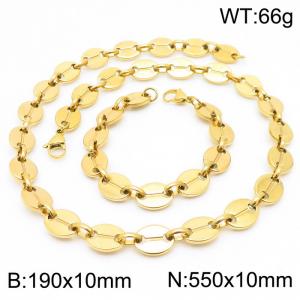 10mm=19cm，55cm=European and American Hip Hop Style 304 Stainless Steel Unisex Style aureate Coffee Bean jewelry sets - KS192327-Z