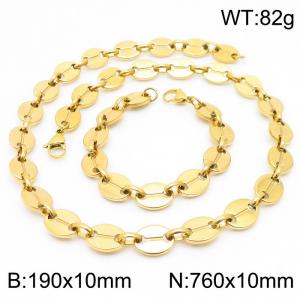 10mm=19cm，76cm=European and American Hip Hop Style 304 Stainless Steel Unisex Style aureate Coffee Bean jewelry sets - KS192331-Z