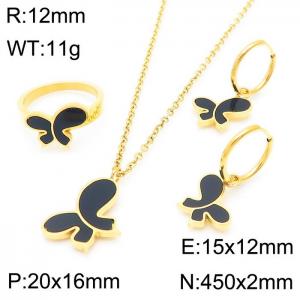 Women Gold Plated Stainless Steel Necklace&Ring&Earrings Jewelry Set with Black Enamel Butterfly Pattern Charm - KS192840-GC