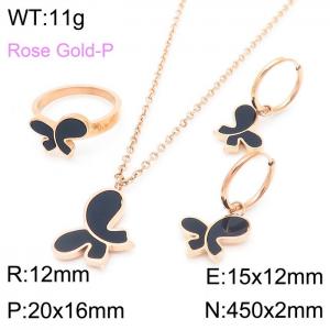 Women Rose Gold Plated Stainless Steel Necklace&Ring&Earrings Jewelry Set with Black Enamel Butterfly Pattern Charm - KS192842-GC
