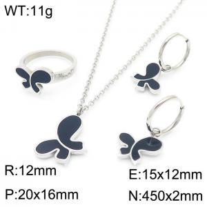 Women Silver Color Stainless Steel Necklace&Ring&Earrings Jewelry Set with Black Enamel Butterfly Pattern Charm - KS192844-GC
