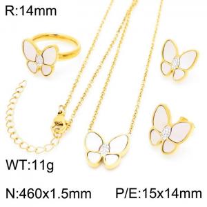 Women Gold Plated Stainless Steel Necklace&Ring&Earrings Jewelry Set with CZ&Shell Butterfly Pattern Charm - KS192858-GC