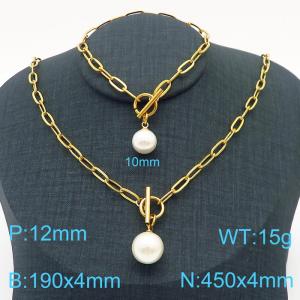 Hand make women's stainless steel thick link chain classic pearl ball  jewelry sets - KS193258-Z