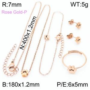 Rose Gold Cute Pet Paw Print Jewelry Set Fashion Sweet Stainless Steel Women Necklace Bracelet Earring Ring Four Piece Set - KS194518-K