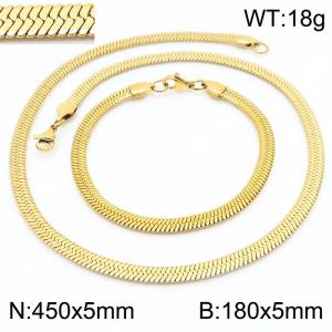 Women's Gold 5x450mm Herringbone Flat Snake Chain Stainless Steel Bracelet Necklace Jewelry Set - KS197315-Z