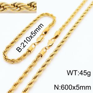 Gold 210x5mm 600x5mm Rope Chain Stainless Steel Bracelet Necklace Jewelry Set - KS197399-Z