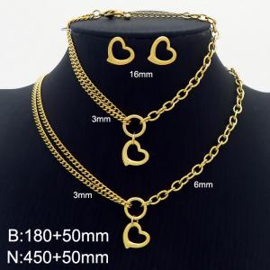 Hollow Heart Two Different Chains Bracelets Earrings 18K Gold Plated Stainless Steel Jewelry Set - KS197946-Z