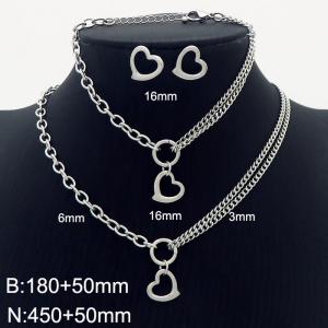 Hollow Heart Two Different Chains Bracelets Earrings Stainless Steel Jewelry Set - KS197953-Z