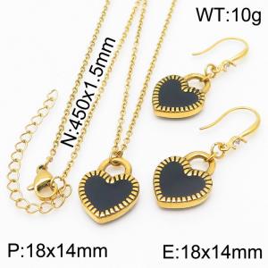 Simple Drop Glue Black Heart Earrings Necklaces 18K Gold Plated Stainless Steel Jewelry Set - KS198087-Z