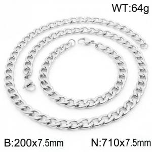 Stylish 7.5mm Stainless Steel Silver NK Bracelet Necklace Accessory Set - KS198789-Z