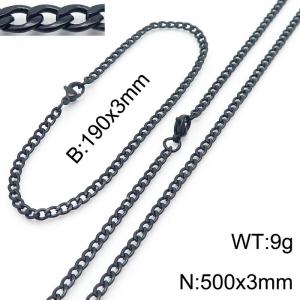 Stainless steel 190x3mm&500x3mm cuban chain fashional lobster clasp classic simple style black sets - KS198805-Z