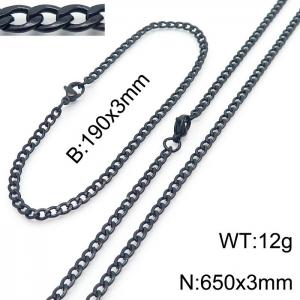 Stainless steel 190x3mm&650x3mm cuban chain fashional lobster clasp classic simple style black sets - KS198808-Z