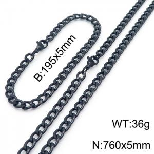 Stainless steel 195x5mm&760x5mm cuban chain fashional lobster clasp classic simple style black sets - KS198838-Z