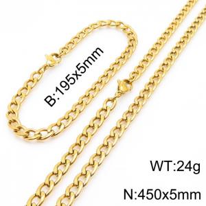 Stainless steel 195x5mm&450x5mm cuban chain fashional lobster clasp classic simple style gold sets - KS198839-Z