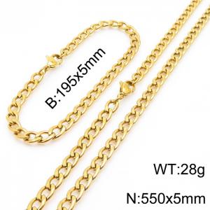 Stainless steel 195x5mm&550x5mm cuban chain fashional lobster clasp classic simple style gold sets - KS198841-Z