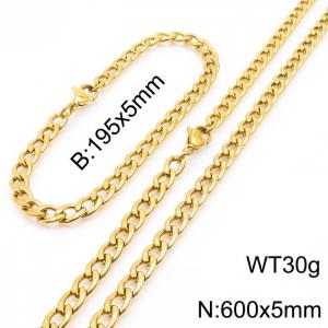 Stainless steel 195x5mm&600x5mm cuban chain fashional lobster clasp classic simple style gold sets - KS198842-Z