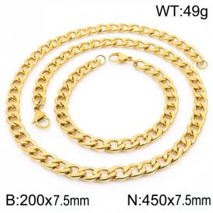 Stainless steel 200x7.5mm&450x7.5mm cuban chain fashional lobster clasp classic simple style gold sets - KS198867-Z