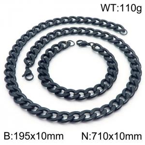Stainless steel 195x10mm&710x10mm cuban chain fashional lobster clasp classic simple style black sets - KS198879-Z