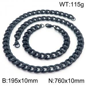 Stainless steel 195x10mm&760x10mm cuban chain fashional lobster clasp classic simple style black sets - KS198880-Z